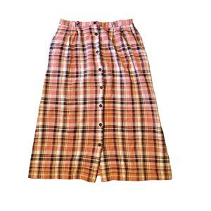 Pendleton 12 Pink Black Plaid Skirt Maxi Modest Flax Button Down‎ Pockets